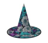 Purple And Teal Flowers Print Teens Adults Halloween Witch Hat Unisex Cap For Wide Brim Carnivals Party Accessory