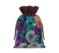 Purple And Teal Flowers Print Xmas Drawstring Gift Bags Reusable Christmas Bags Birthday For Wrapping Needs