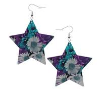 purple and teal flowers Prints Leather star earrings Pendant Stylish and beautiful Lightweight Dangle for Women Girls