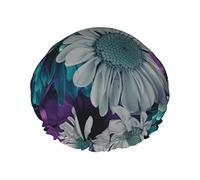 Purple And Teal Flowers Shower Cap With Elasticated, Waterproof Double-Layered Reusable, Ear Muffs For M en, Women Women.