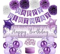 Purple and White Birthday Decorations for Women Girls Lavender Party Decor Set with Happy Birthday Banner and Balloons, Backdrop, Paper Pompoms, Cake Topper for Princess Lavender Birthday Decorations