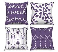 Purple and White Cushion Covers 40 x 40 cm Set of 4, Hnmdmyi Boho Throw Pillow Covers Home Sweet Home Modern Geometric Pattern Neutral Decorative Linen Pillowcases for Sofa Couch Bed Garden Home Decor