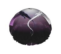 Purple and Wirte Dragons Print Shower Cap for Women & Men â€“ Reusable Double-Layer Bath Hair Cap with Elastic Strap L