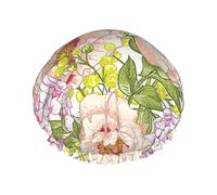 Purple And Yellow Flower Double Layer Waterproof Shower Cap, Extra Large Soft Elastic Band, Reusable Bath Cap For Women Men,Full Print Design
