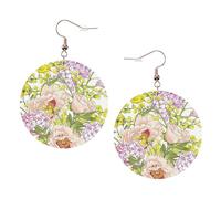 Purple And Yellow Flower Printed Faux Leather Earrings Set For Women, 1 Pair Lightweight Dangle Drop Pierced Earrings Jewelry Gifts For Women