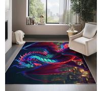 Purple Area Rugs for Living Room, Fantasy Dragon Urban Architecture Printed Bedroom Rug, 140 x 200 cm Anti-Slip Non Shedding Carpet, Easy to Clean for Hallway Bedroom Bedside Office