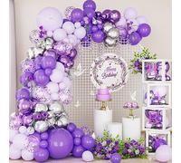 Purple Balloon Arch Kit,113pcs Purple Metallic Silver Confetti Balloons Arch Garland Kit with 3D Butterfly Accessories for Girls Birthday Party Anniversary Wedding Baby Shower