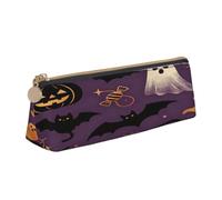 Purple Bat Cat Print Printed PVC Leather Zipper Pen Pouch for Office