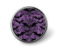 Purple Bat Damask Halloween Skull Pumpkin Cat Ghost Bat Round Aluminum Alloy Pin Badge, Decorative Brooch for Jackets, Backpacks, Hats, Shirts, Stylish Metal Lapel Pin Accessory for Men Women 1in
