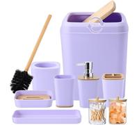 Purple Bathroom Accessories Set, 9 Piece Purple Bathroom Accessory Set with Trash Can,Toothbrush Holder,Toothbrush Cup,Lotion Soap Dispenser,Vanity Tray,Soap Dish,Toilet Brush,Qtip Holder