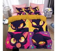 Purple Bedding Set King Size, Yellow-Eyed Cat Duvet Cover Set Brushed Microfiber Non Iron With2 Pillowcases and Zipper Closure 230 x 220 cm