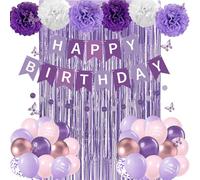 Purple Birthday Decoration For Girls Women-12 Inch Pink Purple White Balloons, Happy Birthday Banner, Tissue Paper Pom Poms, Fringe Curtain, Circle Dots Garland, 3D Butterfly Sticker For BD Decor