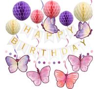 Purple Birthday Decorations, Butterfly Happy Birthday Banner Butterflies Hanging Swirl Streamer Honeycomb Decorations Circle Dot Garland Decoration for Girls Party Garden Birthday Backdrop Supplies