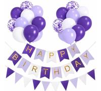 Purple Birthday Decorations for Girls, Happy Birthday Banner with Triangle Bunting, 22 Balloons in Pastel Purple, White & Purple Confetti, Ribbon, Hooks & Needle