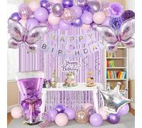 Purple Birthday Decorations for Women, Happy Birthday Banner, Purple Paper Pompoms,Fringe Curtain,Foil Balloons , Hanging Swirls for Women Girls Birthdays Party favors