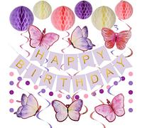Purple Birthday Decorations - Happy Birthday Banner with 16pcs Butterflies Hanging Swirl Streamers, 12pcs Honeycomb Balls, Circle Dots Garland - Birthday Party Decorations for Women Girls