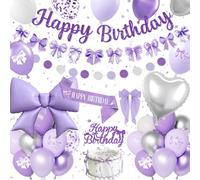 Purple Birthday Decorations, Purple Silver Bow Party Decorations Set Happy Birthday Banner, Purple Balloons, Heart Bow Foil Balloon, Hair Clips, Sash, Girls Women Princess Coquette Party Supplies