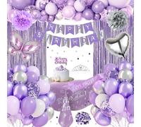 Purple Birthday Decorations, Purple Silver Party Decorations Set Happy Birthday Banner, Latex Balloons, Fringe Curtain, Tablecloth, Sash, Tiara Crown, Pom Poms for Women Girls Princess Party Supplies