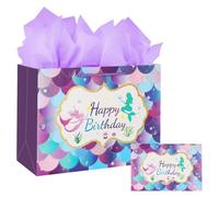 Purple Birthday Gift Bag-Medium Gift Bags for Present with 3 Tissue Paper and 1 Greeting Card for Kids Girls Women's Birthday Supplie Mermaid Design with Handles-30x12x22cm (1)