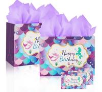 Purple Birthday Gift Bag-Medium Gift Bags for Present with 3 Tissue Paper and 1 Greeting Card for Kids Girls Women's Birthday Supplie Mermaid Design with Handles-30x12x22cm (2)