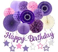 Purple Birthday Party-Decorations - 29pcs Lavender Pink Lilac Party Decorations for Women Girls, Happy Birthday Banner Paper Streamers Lanterns Tissue Pom Poms - ZERODECO