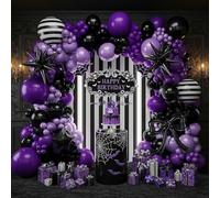 Purple Black Balloon Arch Garland Kit with Bow Star Mylar balloons and Gothic Birthday Backdrop Black white striped balloons for Gothic Girl TV Drama Decorations Spooky Halloween k pop Party Supplies