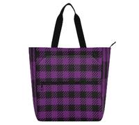 Purple Black Buffalo Plaid Check Tartan Scotland Kid Tote Bag for Kids Students Adults Waterproof Reusable Grocery Beach Bag with Zipper for School Work Travel Rainbow