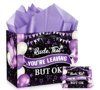 Purple Black Funny Farewell Gift Bag Rude That You're Leaving But Ok Wrapping Bag with Tissue Paper Card Decorations for Women Office Coworker Leaving Retirement Going Away Party Wrap Bags Supplies