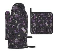 Purple Black Goth Spooky Anti-Scald Gloves And Pot Holders 3-Piece Set For Kitchen Baking And Grilling Christmas Mother'S Day Housewarming Gift