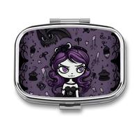 Purple Black Goth Spooky Pill Box 2 Compartment Pill Organizer Travel Pillcase with Mirror Square Metal Pill Container Weekly Medicine Planner Vitamin Organizer for Pocket