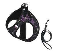Purple Black Goth Spooky Print Adjustable Harness Leash Set For Cats And Dogs, Soft Breathable Kitten Puppy Mesh Vest With Reflective Design, Escape-Proof Lead For Small Pets Walking Training
