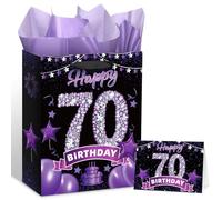 Purple Black Happy 70th Birthday Gift Bag with Tissue Paper Greeting Card 13'' 70th Birthday Wrap Bag for Women 70 Year Old Anniversary Party Decorations Goodie Wrapping Bag Presents Decor Supplies