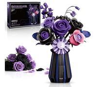 Purple Black Roses Flowers Bouquet Building Set, Botanical Collection Blocks Kit Artificial Flowers DIY Plant for Adults Women Girlfriend - Gifts for Valentines Birthday Christmas- Gothic Home Decor