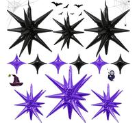 Purple Black Star Balloons 12pcs, One-Piece, 27/22 Inch Foil Star Explosion Balloons, Large Spike Mylar Cone Balloon, Fireworks Shape Balloon Decor for Birthday Halloween Wednesday Graduation