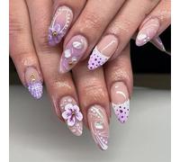 Purple Bloom Press-On Nails Medium Almond Shape Glossy 3D Floral French Tips - 24PCS Reusable Stick On False Nails Set for Women Daily Wear Office Special Occasions Handmade Kit