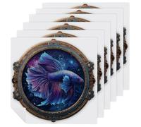 Purple Blue Fish in Old Ship Porthole Cloth Napkins Set of 6, Square Premium Reusable Washable Polyester Table Linen Napkin for Dinner Party