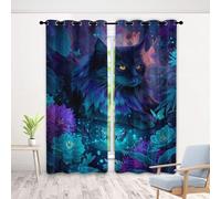 Purple Blue Flower Curtains Eyelet with Fantasy Cat Pattern, Blackout Curtains 2 Panels, Each 46 x 54 Inch, Room Darkening Thermal Insulated Drapes for Living Room Bedroom g4c233