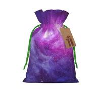 (Purple&Blue Galaxy) Printed Christmas M Size Gift Bags with Green Ribbon Drawstring Candy Bags for Kids Xmas Holiday Christmas Eve Presents
