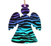 Purple Blue Green Camouflage Zebra Stripes Print 6pcs Christmas Tree Hanging Decor, Wooden Angel Bell Tree Snowman Shapes For Xmas Setup