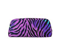 Purple Blue Green Camouflage Zebra Stripes Print Leather Pencil Case with Silver Zipper, Multi-Use Cosmetic & Stationery Organizer, Waterproof Desk Storage Pouch for School, Office & Travel Gifts