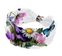 Purple Bluebell Sage and Chamomile with Butterflies Wide Headbands for Women, Yoga Workout Head Bands Wide Elastic Hair Bands for Washing Face Makeup