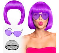 Purple Bob Wig and Sunglass Set, PLULON Neon Funny Short Bob Wig Sunglass Pack Colorful Hairpieces Fancy Dress Cosplay Costume Accessories for Women Bachelorette Party Favors, Halloween Decorations