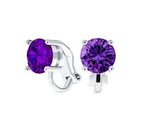 Purple Brilliant Cut Solitaire Round Cubic Zirconia CZ Clip On Stud Earrings Simulated Amethyst Silver Plated Brass