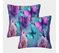 Purple Butterflies-Fantasy Floral Art Design Pillow Covers 2 Pack Cozy Pillowcase Art Cushion Cover Polyester Decor for Sofa Living Room Bed Home 45x45cm