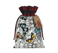 Purple Butterflies Floral Printing Cute Color Matching Plaid Christmas Bag Drawstring Design For Christmas Party Gift Packaging