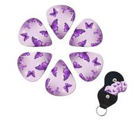 Purple Butterflies Guitar Picks 6 Pack, 0.96mm Thickness Celluloid Bass Pick with Leather Guitar Pick Holder Keychain Abstract Art Pics Plectrum for Acoustic Electric Guitar, Ukulele, Bass
