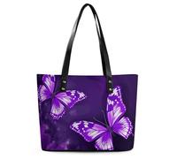 Purple Butterflies Leather Tote Bag for Women Work Shoulder Purses with Zipper Waterproof Large Computer Shoulder Bag Fashion Ladies Shoulder Handbag Reusable Shopping Bags