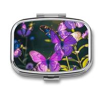 Purple Butterflies Pill Box 2 Compartment - Small Metal Medicine Organizer Portable Pill Case for Purse Pocket Travel Vitamin Organizer for Men Women, BPA-Free