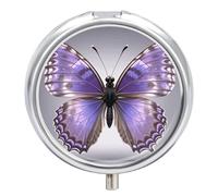 Purple Butterflies Pill Box 3 Compartment Waterproof Pill Container with Mirror Metal Medicine Box Organizer Portable Vitamin Case for Pocket & Purse Travel - Round