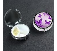 Purple Butterflies Pill Box with Mirror 3 Compartment Decorative Pill Case for Purse or Pocket Small Round Pill Organizer Weekly Metal Medicine Tablet Vitamin Holder Travel Gift